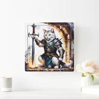 Brave Cat Knight in Armor With Sword Square Wall Clock