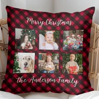 Christmas Plaid Family Personalized Photo Collage Throw Pillow