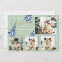 Sage blue Christmas Pagoda Trees 5-Photo  Holiday Card