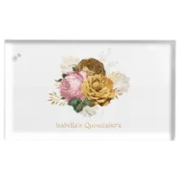 Vintage Blush Pink and Gold Floral Quinceañera Place Card Holder