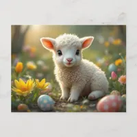 Cute little Easter lamb, crocus, Easter eggs,  Holiday Postcard