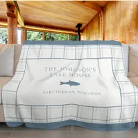 Classic Customizable Plaid Lake House Blue Fish Fleece Blanket