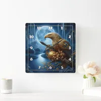 Majestic Eagle Perched by Moonlit River Square Wall Clock