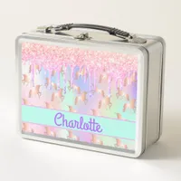 Unicorn pink glitter drip rainbow sparkle monogram metal lunch box
