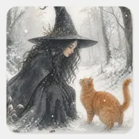 Fantasy Witch and Ginger Cat in Winter Forest Square Sticker
