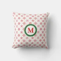 Wreath Monogram Red Snowflakes White Background Throw Pillow