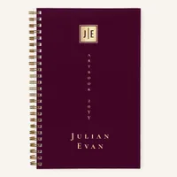 Burgundy Wine Shiny Gold Elegant Monogram Notebook