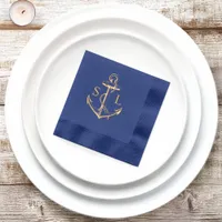 Navy Blue Nautical Anchor Wedding Monogram Gold Foil Napkins