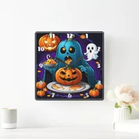 Ghost feasts on pumpkins during Halloween night Square Wall Clock