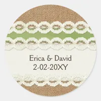 FAUX burlap and lace lime country wedding Classic Round Sticker