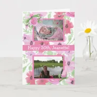 Pink Watercolor Birthday Now and Then Photos Card
