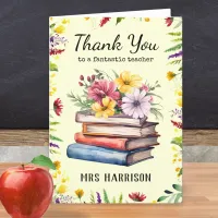 Books Flowers Pretty Personalized Teacher  Thank You Card