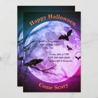 Full Moon, Crow, Bats, Purple Tint  Sky Halloween Invitation