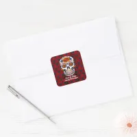 Sugar Skull Cinco de Mayo Red Floral Name Square Sticker