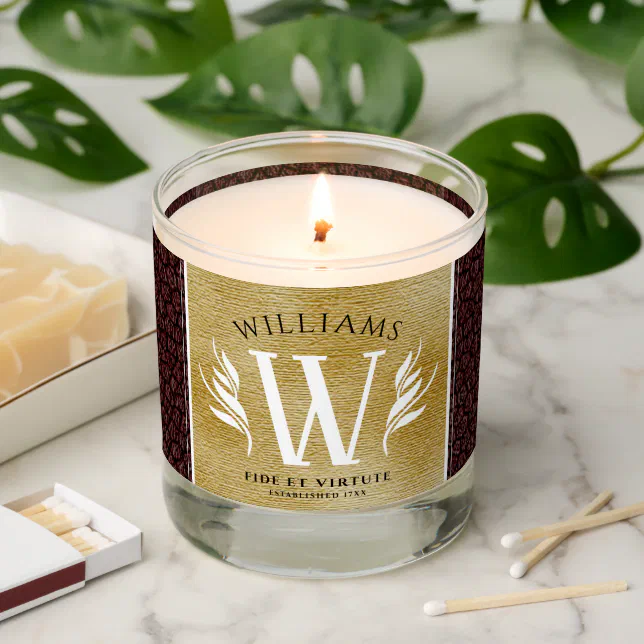 Elegant Leather Leaf & Vintage Paper Surname Motto Scented Candle