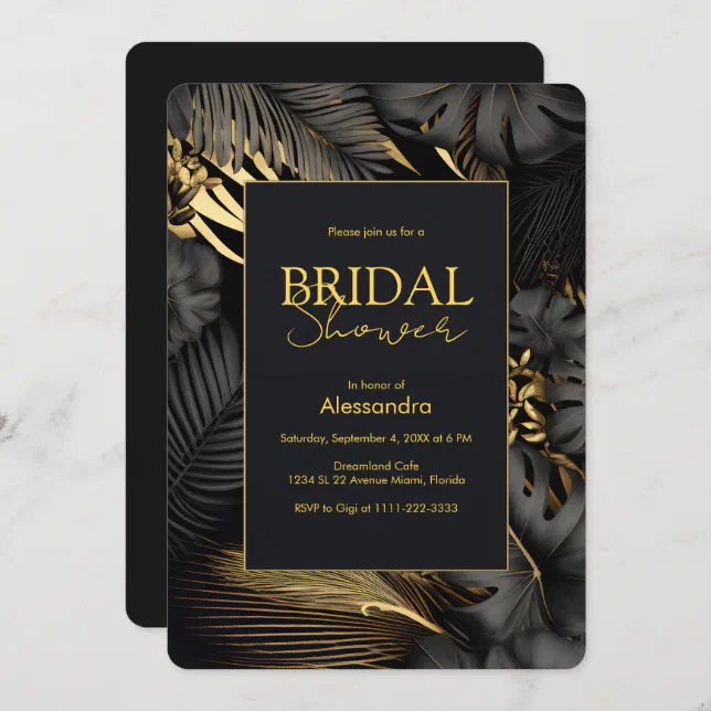 Modern Black Gold Tropical Wedding Bridal Shower Invitation