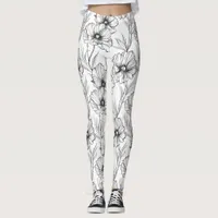 Modern Black and White Floral  Leggings