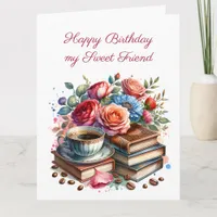 Large Floral Vintage Books and Coffee Birthday Card