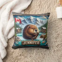 Canadian Beaver Holding Branch Near Mountain Lake Throw Pillow