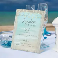 Rustic Beach Wood Wedding Signature Drinks Pedestal Sign