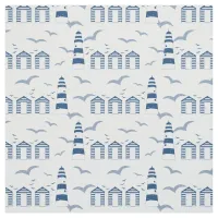 Nautical Beach Huts and Lighthouses Blue White Fabric