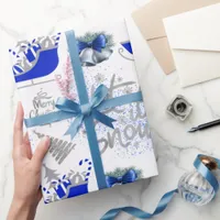 Blue & Silver Let It Snow on White | Wrapping Paper