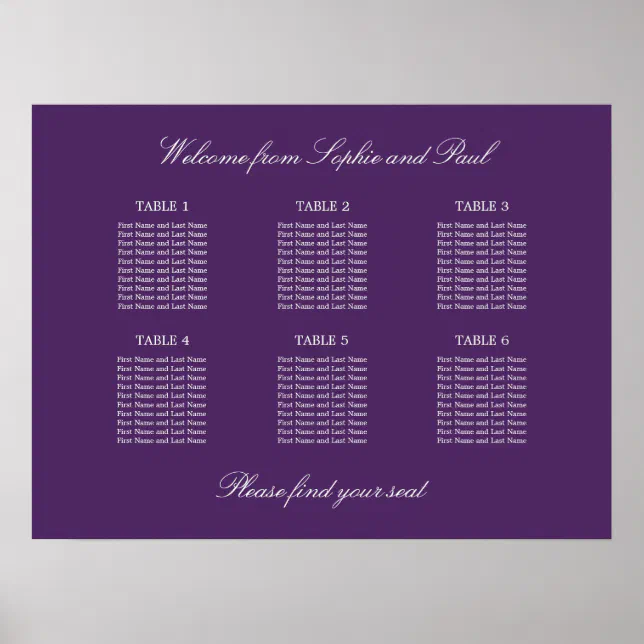 Dark Purple 6 Table Wedding Seating Chart Poster