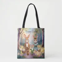 Easter Bunny Family Chasing Eggs - Watercolor Tote Bag