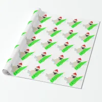 Pug Red Santa Hat Green Christmas Tree Wrapping Paper