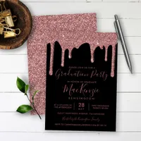 Black Rose Gold Glitter Drips Graduation Party Invitation