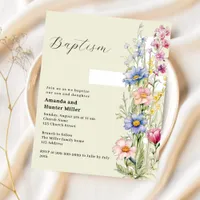 Floral cross twins sage green Baptism invitation