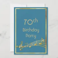 70th birthday party music notes teal blue green invitation