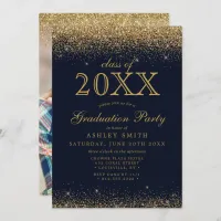 Gold Glitter Navy Blue Photo Graduation Invitation