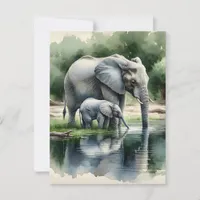 Watercolor Illustration of Mama and Baby Elephant Postcard