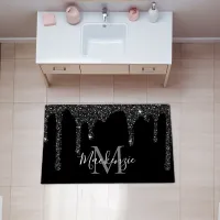 Luxury Black Sparkle Glitter Drips Monogram Rug