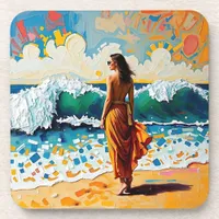 Woman on Beach Abstract Seaside Art Personalized Beverage Coaster