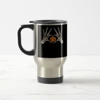 Skeleton Hand Heart And Pumpkin Funny Skull Travel Mug