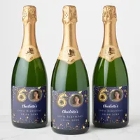 60th birthday navy blue gold stars photo sparkling wine label