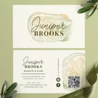 Sage Green Social Media QR Code Gold Glitter Business Card