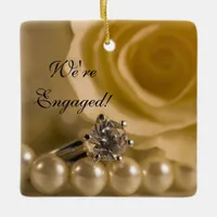 White Rose, Ring and Pearls Engagement Ceramic Ornament