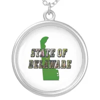 State of Delaware Picture Text & Map Outline Silver Plated Necklace