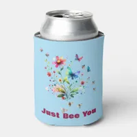 Simple Floral Watercolor Monogram Bee on blue  Can Cooler