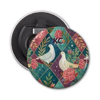 Elegant White Doves Pink Floral & Gold Geometric Bottle Opener