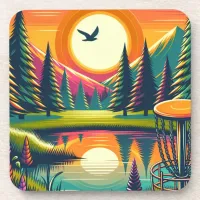 Retro Disc Golf Sunset and Trees Beverage Coaster