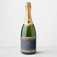 Gold Glitter Navy Blue Name Happy New Year 2025 Sparkling Wine Label