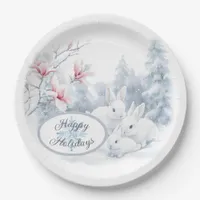 Cute White Rabbits in Snow Winter Holiday Paper Plates