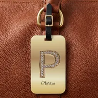 Glam Gold Diamond Monogram Initial Letter P Luggage Tag