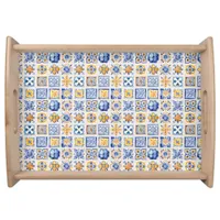 Blue White Yellow Tiles Pattern Summer Aesthetic  Serving Tray