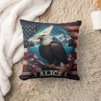 Majestic Eagle Overlooking Mountains and Flag Throw Pillow