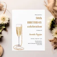 Birthday white gold bubbly wine pearls invitation